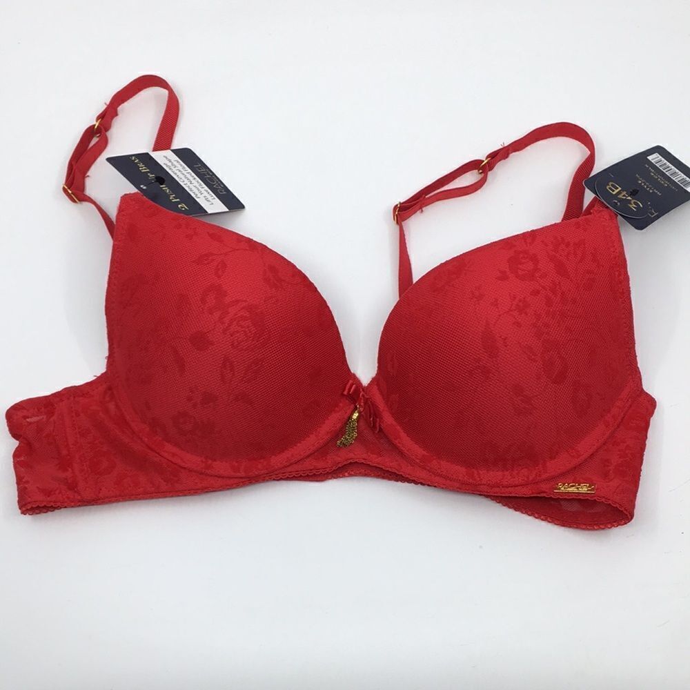 NWT RACHEL Rachel Roy Red Lace Luxe Flocked Floral Bra Sz 34B